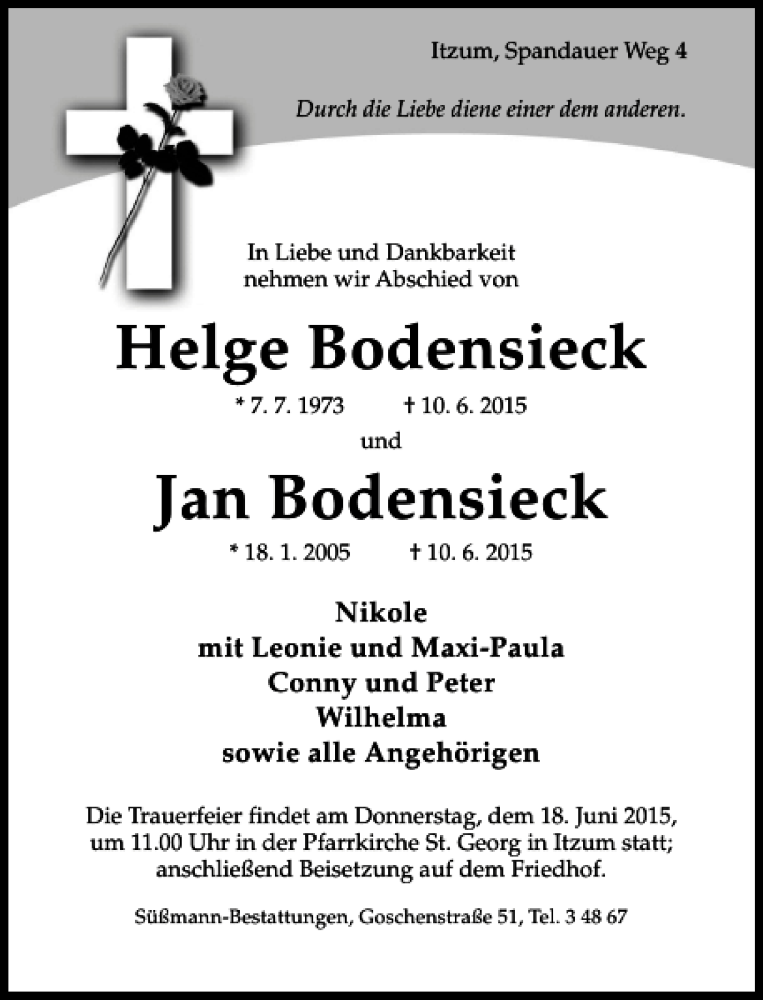  Traueranzeige für Helge Bodensieck Jan Bodensieck vom 16.06.2015 aus Hildesheimer Allgemeine Zeitung