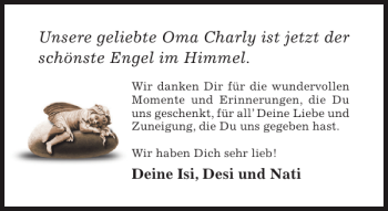 Traueranzeige von Oma Charly ist der Engel im  von Hildesheimer Allgemeine Zeitung