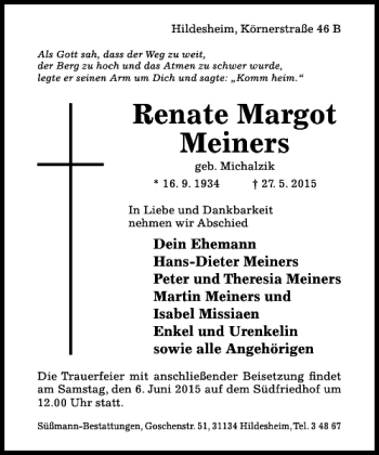 Traueranzeige von Renate Margot Meiners von Hildesheimer Allgemeine Zeitung