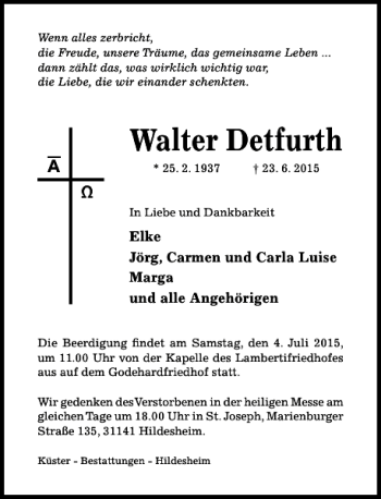 Traueranzeige von Walter Detfurth von Hildesheimer Allgemeine Zeitung