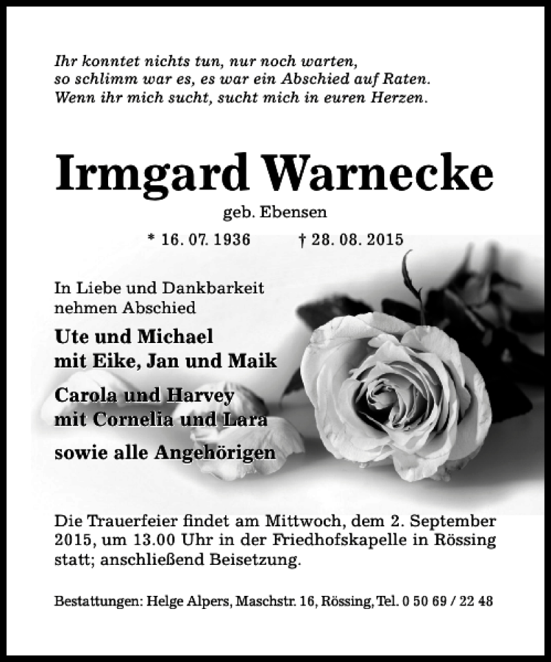  Traueranzeige für Irmgard Warnecke vom 31.08.2015 aus Hildesheimer Allgemeine Zeitung