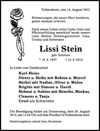 Traueranzeige von Lissi Stein von Hildesheimer Allgemeine Zeitung