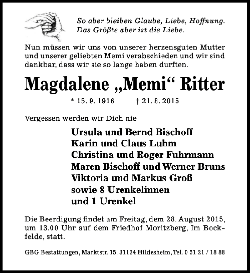 Traueranzeigen von Magdalene Memi Ritter  Trauerportal Hildesheimer  Allgemeine Zeitung