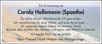 Traueranzeige von Carola Hollemann Spaethe von Hildesheimer Allgemeine Zeitung