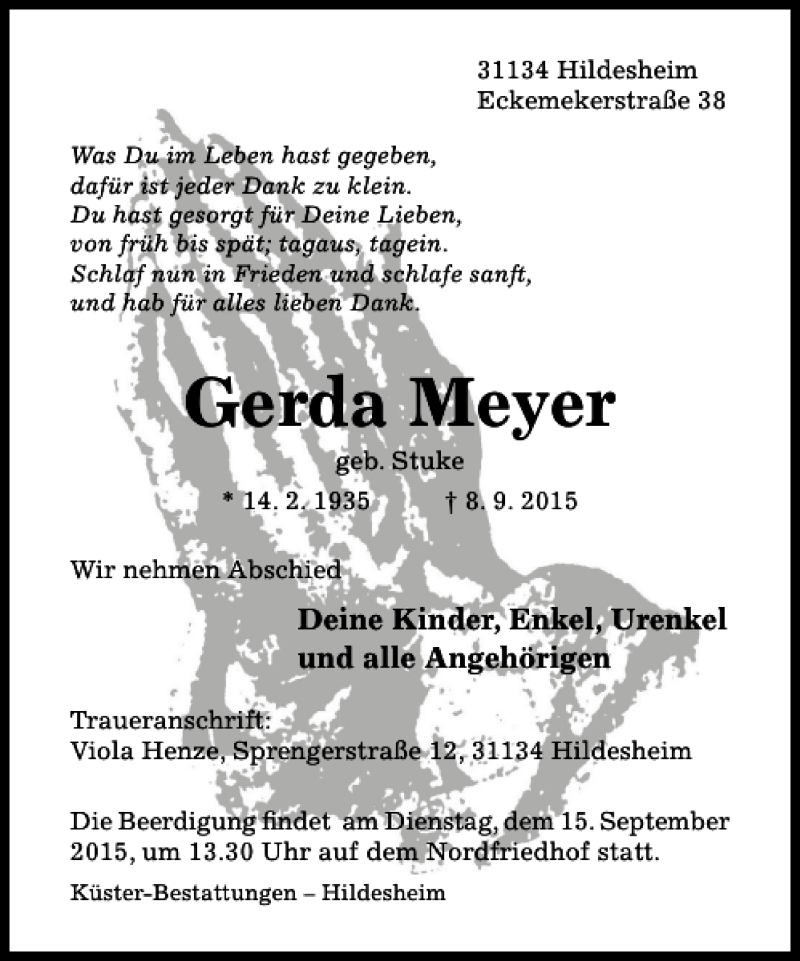  Traueranzeige für Gerda Meyer vom 12.09.2015 aus Hildesheimer Allgemeine Zeitung