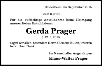 Traueranzeige von Gerda Prager von Hildesheimer Allgemeine Zeitung