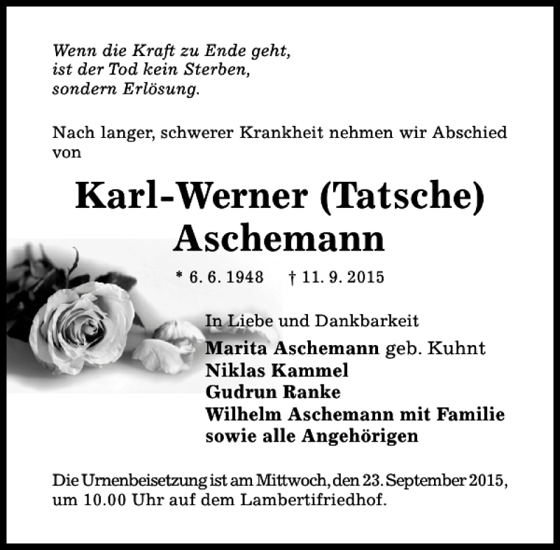  Traueranzeige für Karl-Werner Tatsche Aschemann vom 19.09.2015 aus Hildesheimer Allgemeine Zeitung