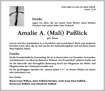 Traueranzeige von Amalie A. Mali Paßlick von Hildesheimer Allgemeine Zeitung