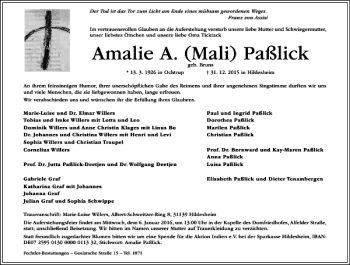 Traueranzeige von Amalie A. Mali Paßlick von Hildesheimer Allgemeine Zeitung