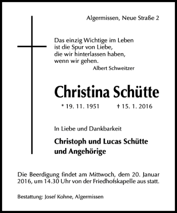 Traueranzeige von Christina Schütte von Hildesheimer Allgemeine Zeitung