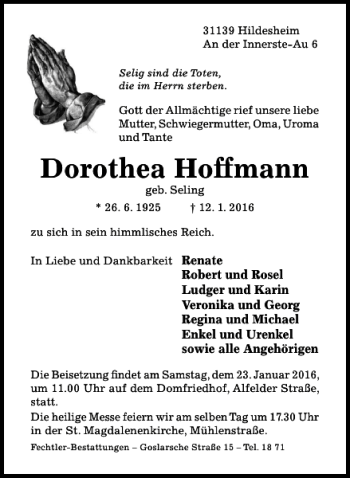 Traueranzeige von Dorothea Hoffmann von Hildesheimer Allgemeine Zeitung