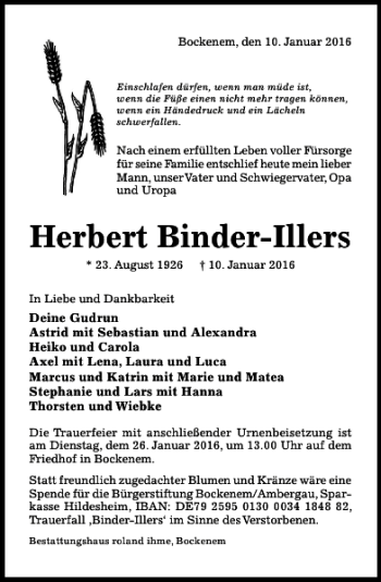 Traueranzeige von Herbert Binder-Illers von Hildesheimer Allgemeine Zeitung