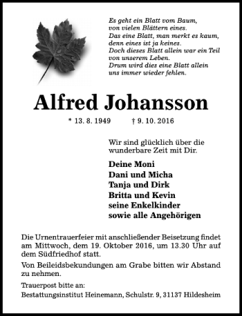 Traueranzeige von Alfred Johansson von Hildesheimer Allgemeine Zeitung