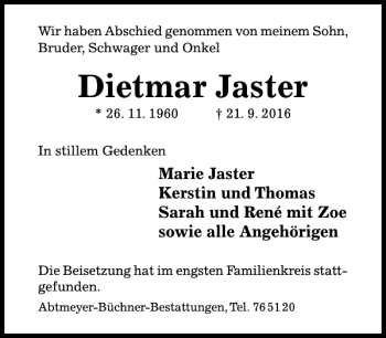 Traueranzeige von Dietmar Jaster von Hildesheimer Allgemeine Zeitung