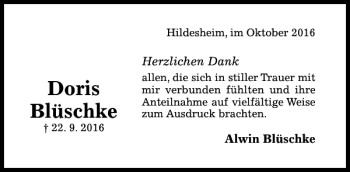 Traueranzeige von Doris Blüschke von Hildesheimer Allgemeine Zeitung