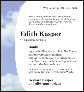Traueranzeige von Edith Kasper von Hildesheimer Allgemeine Zeitung