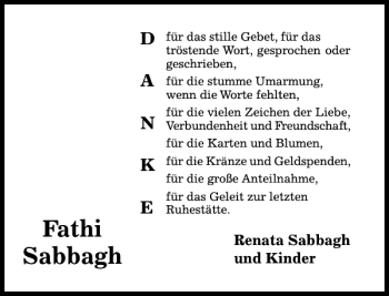 Traueranzeige von Fathi Sabbagh von Hildesheimer Allgemeine Zeitung