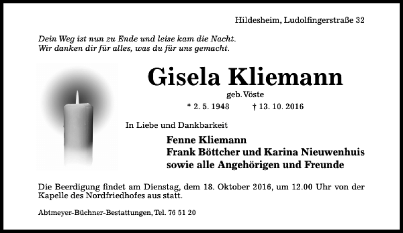  Traueranzeige für Gisela Kliemann vom 15.10.2016 aus Hildesheimer Allgemeine Zeitung