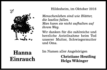 Traueranzeige von Hanna Einrauch von Hildesheimer Allgemeine Zeitung