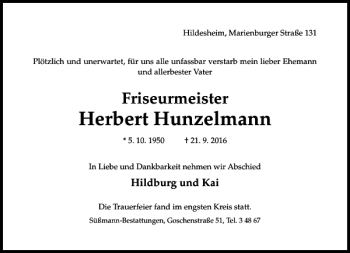 Traueranzeige von Herbert Hunzelmann von Hildesheimer Allgemeine Zeitung