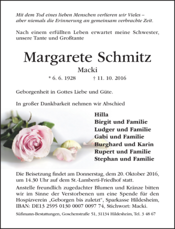 Traueranzeige von Margarete Schmitz von Hildesheimer Allgemeine Zeitung