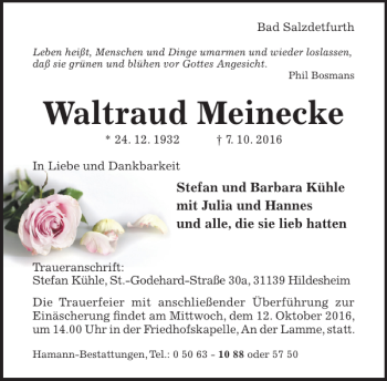 Traueranzeige von Waltraud Meinecke von Hildesheimer Allgemeine Zeitung