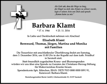 Traueranzeige von Barbara Klamt von Hildesheimer Allgemeine Zeitung