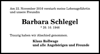 Traueranzeige von Barbara Schlegel von Hildesheimer Allgemeine Zeitung