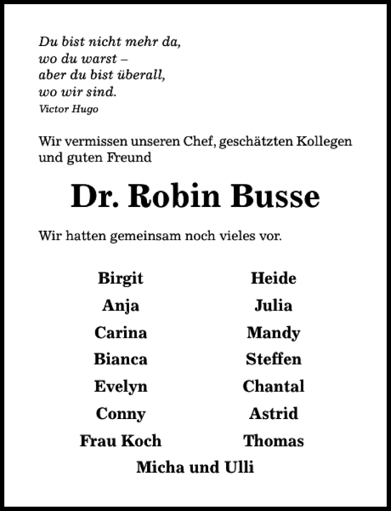  Traueranzeige für Dr. Robin Busse vom 31.12.2016 aus Hildesheimer Allgemeine Zeitung