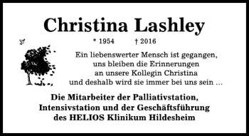 Traueranzeige von Christina Lashley von Hildesheimer Allgemeine Zeitung