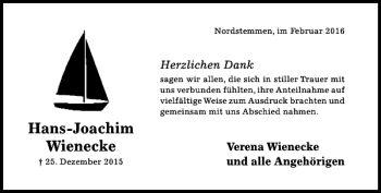 Traueranzeige von Hans-Joachim Wienecke von Hildesheimer Allgemeine Zeitung