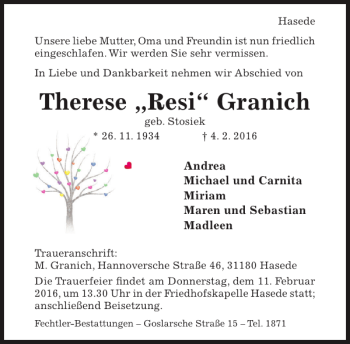 Traueranzeige von Therese Resi Granich von Hildesheimer Allgemeine Zeitung