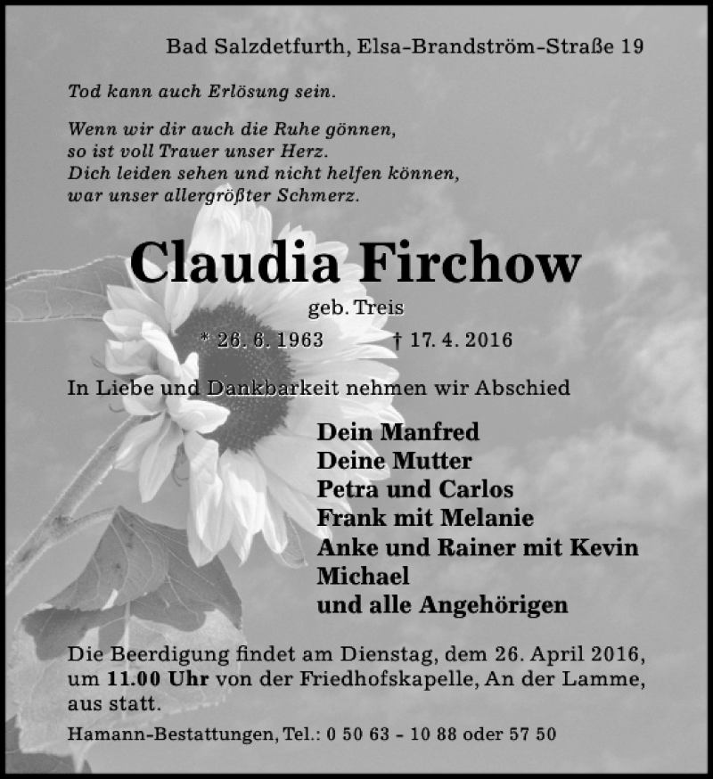  Traueranzeige für Claudia Firchow vom 22.04.2016 aus Hildesheimer Allgemeine Zeitung
