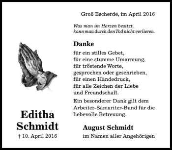 Traueranzeige von Editha Schmidt von Hildesheimer Allgemeine Zeitung
