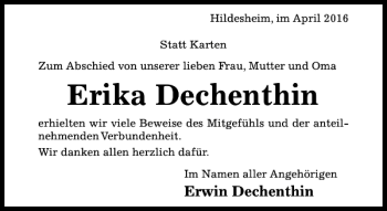 Traueranzeige von Erika Dechenthin von Hildesheimer Allgemeine Zeitung