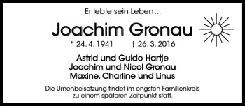 Traueranzeige von Joachim Gronau von Hildesheimer Allgemeine Zeitung