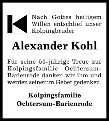 Traueranzeige von Alexander Kohl von Hildesheimer Allgemeine Zeitung