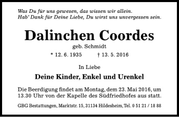 Traueranzeige von Dalinchen Coordes von Hildesheimer Allgemeine Zeitung