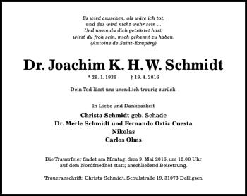 Traueranzeige von Dr. Joachim K. H.W. Schmidt von Hildesheimer Allgemeine Zeitung