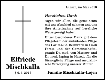 Traueranzeige von Elfriede Mischkalla von Hildesheimer Allgemeine Zeitung