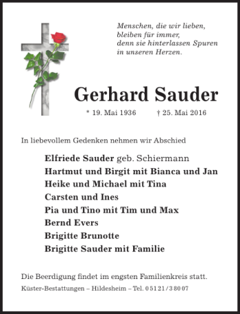 Traueranzeige von Gerhard Sauder von Hildesheimer Allgemeine Zeitung