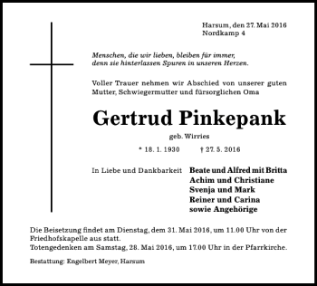 Traueranzeige von Gertrud Pinkepank von Hildesheimer Allgemeine Zeitung