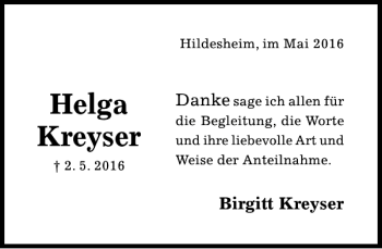 Traueranzeige von Helga Kreyser von Hildesheimer Allgemeine Zeitung