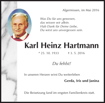 Traueranzeige von Karl Heinz Hartmann von Hildesheimer Allgemeine Zeitung