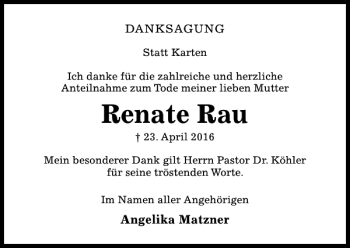 Traueranzeige von Renate Rau von Hildesheimer Allgemeine Zeitung