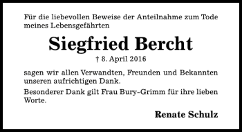 Traueranzeige von Siegfried Bercht von Hildesheimer Allgemeine Zeitung