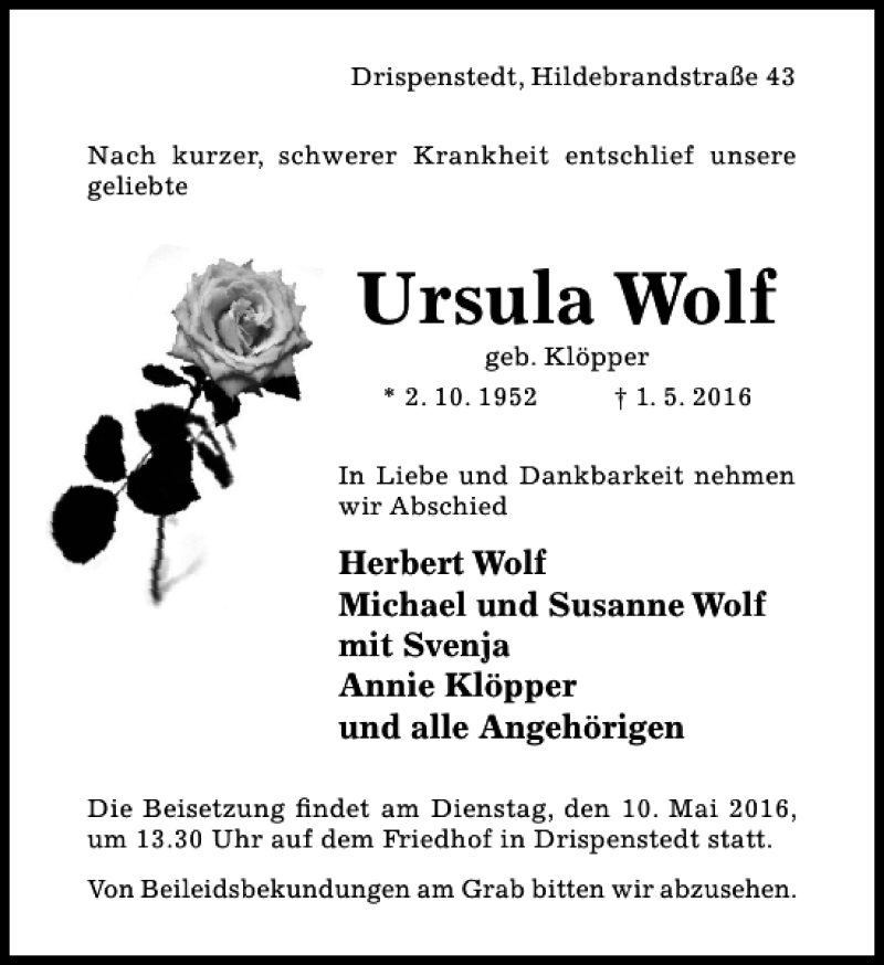  Traueranzeige für Ursula Wolf vom 07.05.2016 aus Hildesheimer Allgemeine Zeitung