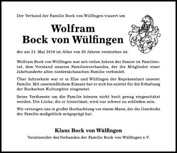 Traueranzeige von Wolfram Bock von Wülfingen von Hildesheimer Allgemeine Zeitung