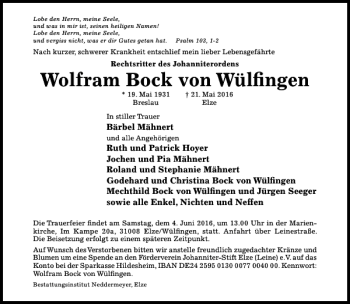Traueranzeige von Wolfram Bock von Wülfingen von Hildesheimer Allgemeine Zeitung