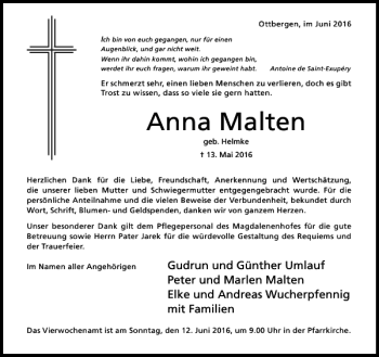 Traueranzeige von Anna Malten von Hildesheimer Allgemeine Zeitung